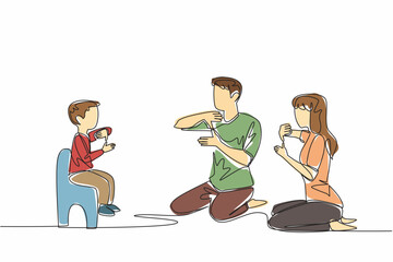 Poster - Single continuous line drawing boy sitting on a small chair in front of father and mother. Communicate without sound. Limitations. Sign. Mother Father Deaf Day. One line design vector illustration