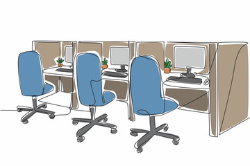 Poster - Continuous one line drawing cubicle office with 3 boxes in a row. Design the room as for operators. Comfort while working is priority. National Cubicle Day. Single line draw design vector illustration
