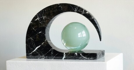Poster - Black marble arch supports translucent sphere. Minimalist sculpture rests upon white pedestal. Clean lines, elegant form, modern design.