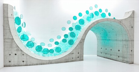 Poster - Concrete structure features turquoise bubbles within curved form. Minimalist design evokes water, flow, modern art installation.