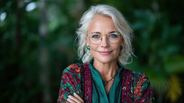 An empowered senior woman with silver hair and glasses poses confidently in a lush green environment, reflecting wisdom and strength in her expression.
