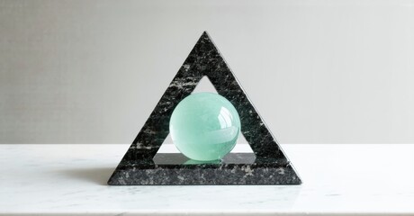 Poster - Stone triangle supports translucent sphere. Minimalist composition, neutral tones, clean lines, simple geometry, elegant display. Focus on form, texture, light.