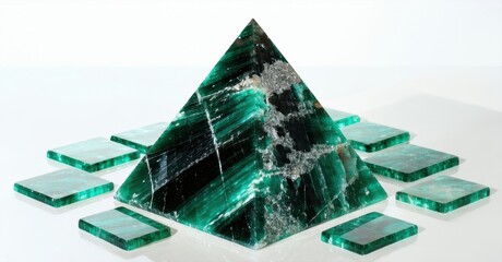 Poster - Dark green pyramid surrounded by smaller square glass pieces. Stone texture visible, creating interesting light reflections. Minimalist composition.