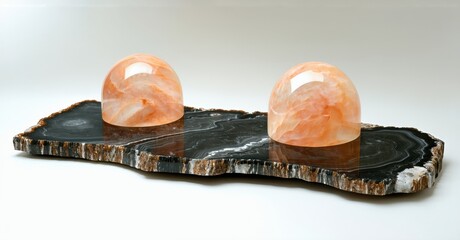 Poster - Orange spheres rest upon dark agate slice. Natural stone textures present smooth, rounded forms. Minimalist display, elegant presentation.