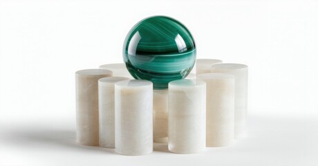 Poster - Green sphere rests atop rectangular alabaster pillars. Minimalist sculpture, elegant design, neutral background, studio lighting. Smooth textures present.