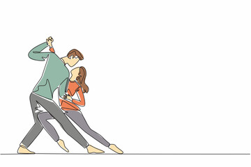 Poster - Single one line drawing married couple dancing on the dancefloor. Music makes the dance feel more romantic. Looking into the eyes. International Dance Day. Continuous line design graphic illustration