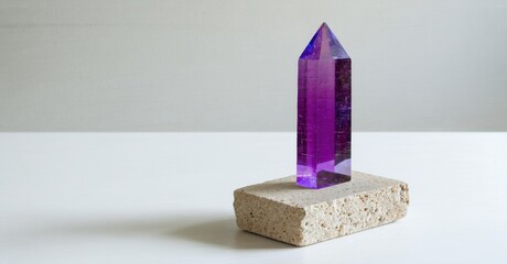 Leinwandbilder - Purple crystal tower rests upon textured stone base. Minimalist composition, clean background, studio lighting present. Simple, elegant display.