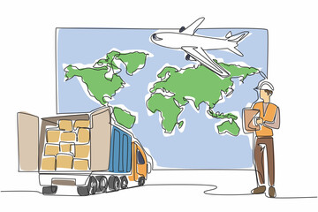 Poster - Continuous one line drawing A man wearing a project vest and helmet is holding a clipboard. Busy in the logistics warehouse. National Supply Chain Day. Single line draw design vector illustration