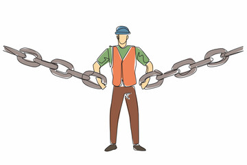Poster - Single continuous line drawing man wearing project vest and helmet hooking chain with both hands. Symbolism. Connecting logistics needs. National Supply Chain Day. One line design vector illustration