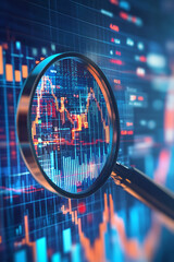 Poster - Close-up view of a magnifying glass focusing on vibrant financial data and stock market trends