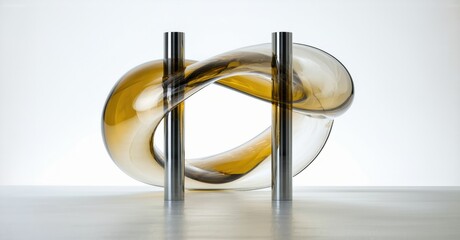Poster - Sculpture features amber glass twisting around polished metal supports. Minimalist design, clean lines, studio lighting creates soft shadows.