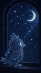 Wall Mural - starry owl gazes at moon.