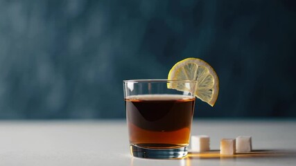 Poster - Photographic sequence capturing glass of tea with lemon slice and sugar cubes resting on white table against deep blue background. Highlighting beverage composition and potential health implications