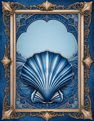 Poster - Surrealist blue seashell with gold accents in a nautical tattoo style and oceanic vibes
