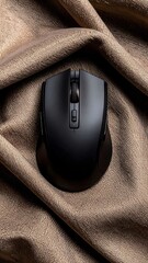 Poster - Elegant flat lay of gaming mouse on brown fabric with dusky shades and natural glow