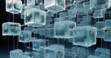 Leinwandbilder - Abstract network, glowing cubes connected. Water droplets visible, dark background creates depth. Futuristic, digital aesthetic.