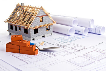 model house construction with blueprints bricks and trowel on white background