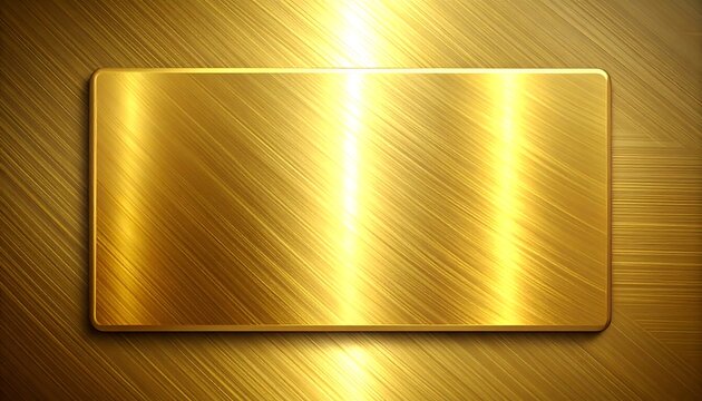 Shiny golden metal surface with a brushed texture and a central reflective plate detail.