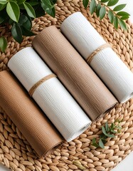 Poster - Fresh flat lay of three rolls of toilet paper on a wicker background with muted hues