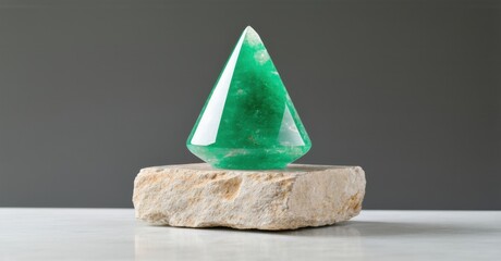Leinwandbilder - Green crystal point rests upon rough stone base. Minimalist studio shot, clean background, focused lighting highlights facets.