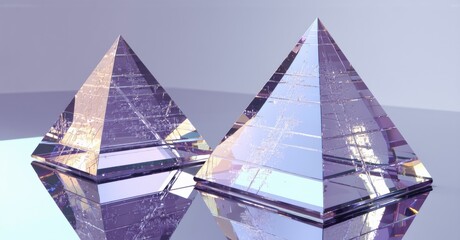 Aufkleber - Crystal pyramids reflect light, creating vibrant purple hues. Smooth surfaces mirror surroundings, offering geometric beauty.
