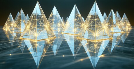Leinwandbilder - Pyramids constructed from glowing lines. Reflective surface creates symmetrical, futuristic landscape. Minimalist design, dark background.