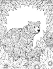 Poster - Beautiful line art of a bear surrounded by flowers in black and white fantasy design style
