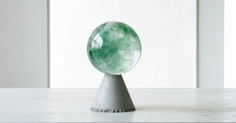 Poster - Green sphere rests atop gray concrete pedestal. Minimalist composition, soft lighting, neutral background creates serene display.
