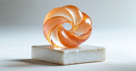 Aufkleber - Orange glass sculpture rests upon textured white base. Swirling form creates dynamic visual interest, simple composition.