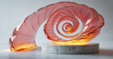 Poster - Glass sculpture resembling nautilus shell. Warm light emanates from within, resting upon concrete base. Elegant, organic form.