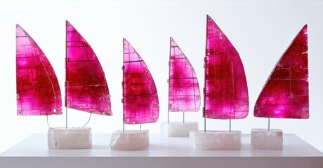 Poster - Pink sailboats atop white bases. Minimalist sculpture, clean lines, bright studio lighting, modern art installation. Simple composition.