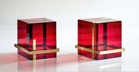 Poster - Red cubes rest upon brass bases. Minimalist design, reflective surface, modern aesthetic. Clean lines, geometric shapes, studio lighting.