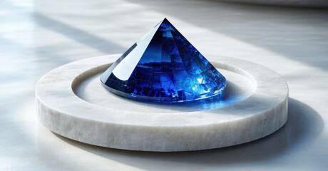 Leinwandbilder - Blue gemstone rests upon circular marble base. Light reflects, creating brilliant visual effect. Elegant presentation, simple composition.