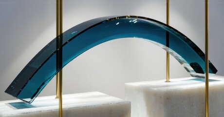 Poster - Curved glass sculpture rests upon white stone bases. Golden rods support structure, creating elegant display. Minimalist aesthetic.
