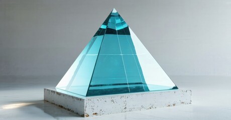Poster - Glass pyramid rests upon concrete base. Light refracts, creating vibrant blue hues. Minimalist sculpture, studio shot.