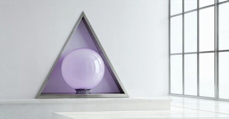 Poster - Minimalist interior features triangular niche holding luminous purple sphere. Clean lines, bright space, modern design aesthetic.