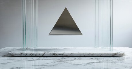 Poster - Minimalist composition features triangle suspended between glass columns atop marble surface. Clean lines, soft lighting, modern aesthetic.