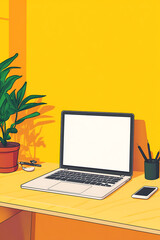 Poster - A minimalist workspace featuring a laptop, plant, and stationery on a vibrant yellow background