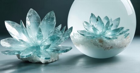 Aufkleber - Aquamarine lotus sculptures. Crystal formations present. Soft lighting creates serene atmosphere. Delicate petals, smooth surfaces visible.