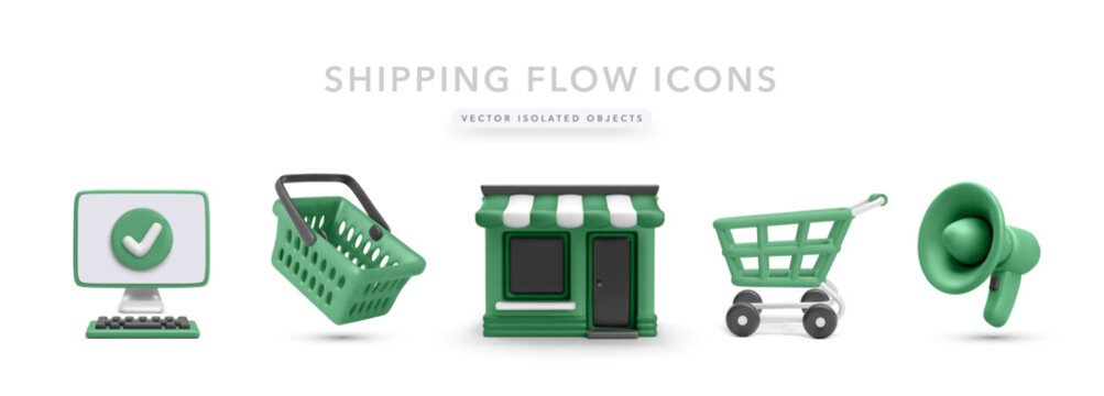 Computer With Checkmark, Basket, Store, Shopping Cart, and Loudspeaker in 3D Style for Order Confirmation, Retail Promotion, and Ecommerce Checkout. Vector Illustration.