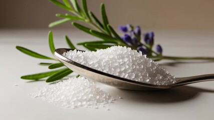 Aufkleber - Sugar crystals covering wooden spoon, accompanied by fragrant rosemary and lavender sprigs, arranged on pristine white surface highlighting natural culinary ingredients