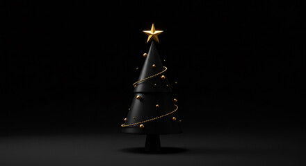 Poster - A Striking Minimalist Christmas Tree with Golden Accents and Star on Black Background