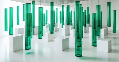 Poster - Minimalist installation. Green glass cylinders suspended above white marble cubes. Clean lines, spacious interior, modern art exhibit.