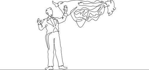 Poster - Continuous one line drawing circus magician illusionist. Magic show of a magician. Performance of an illusionist wizard. Circus. One continuous line isolated minimal illustration.Not AI.