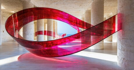 Poster - Monumental sculpture loops within stone colonnade. Vibrant red glass contrasts neutral architecture. Light creates dramatic shadows, framing distant ocean view.