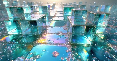 Leinwandbilder - Abstract cubes reflect light, creating vibrant watery surface. Futuristic digital landscape evokes technology, innovation.