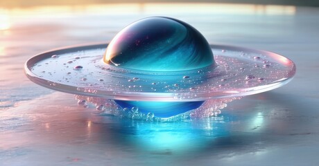 Aufkleber - Glossy planet model. Blue sphere rests upon translucent ring. Water droplets surround base, creating vibrant reflections. Soft lighting.