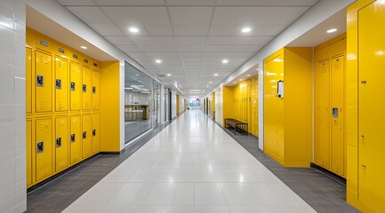 Bright yellow lockers line a clean school corridor hallway.