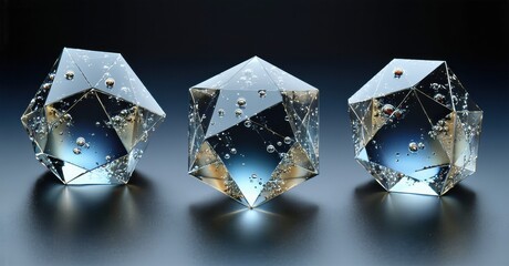 Poster - Three geometric shapes, possibly crystals, contain bubbles. Reflective surfaces create bright highlights, dark background emphasizes forms.