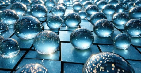 Aufkleber - Reflective spheres cover tiled surface. Blue tones dominate, creating infinite visual repetition. Light sparkles throughout composition.